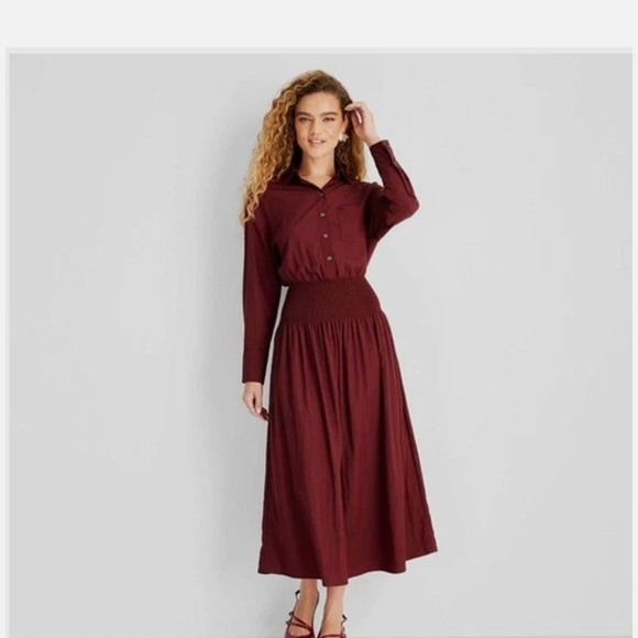 Future Collective Dresses & Skirts - 🍵 Future Collective Collared Long Sleeve Smocked Midi Shirtdress • Burgundy
